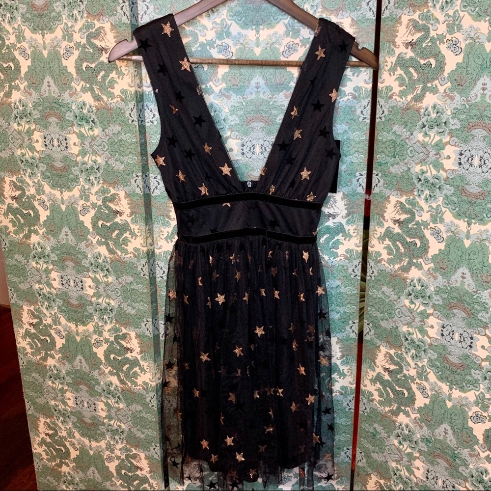 NWT New Look Black Mesh Gold Star Skater Dress